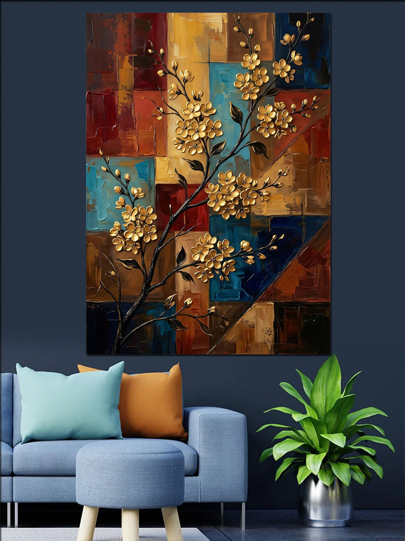 Altın Çiçekli Geometrik Patchwork Tablo Kanvas Tablo