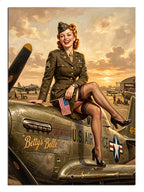 Betty's Belle uçağı üzerinde oturan askeri üniformalı pin-up kadın tablosu.