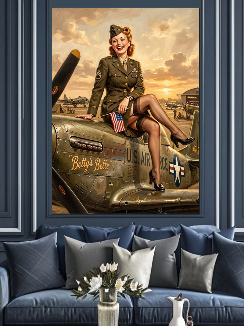 Uçak Üzerinde Askeri Pin-Up Kadın Kanvas Tablo