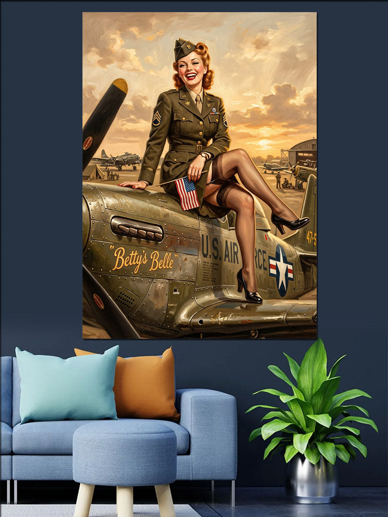 Uçak Üzerinde Askeri Pin-Up Kadın Kanvas Tablo