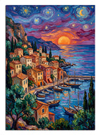 Van Gogh tarzı yıldızlı gökyüzü altında renkli köy ve deniz manzarası.
