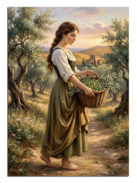 Zeytin ağaçları arasında sepetle zeytin toplayan kadın pastoral tablosu.