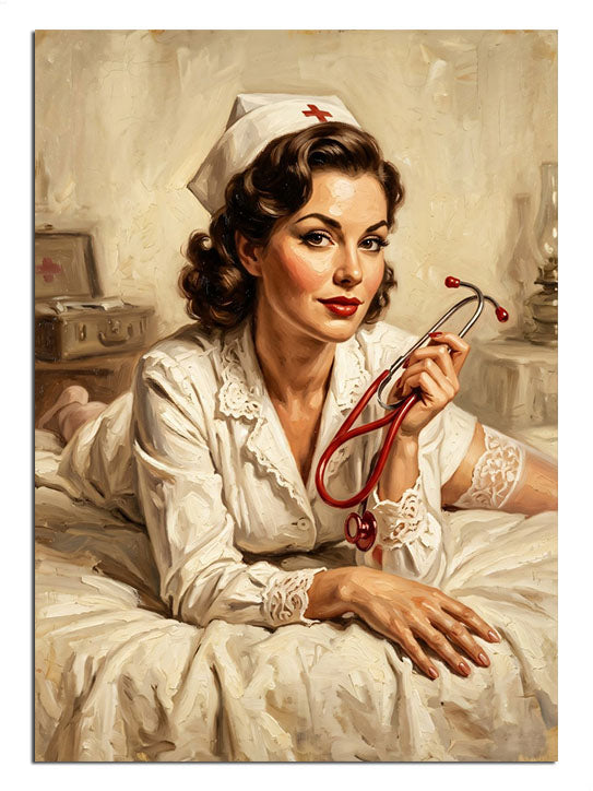 Beyaz önlüklü ve steteskop tutan sarışın hemşire pin-up portre tablosu.