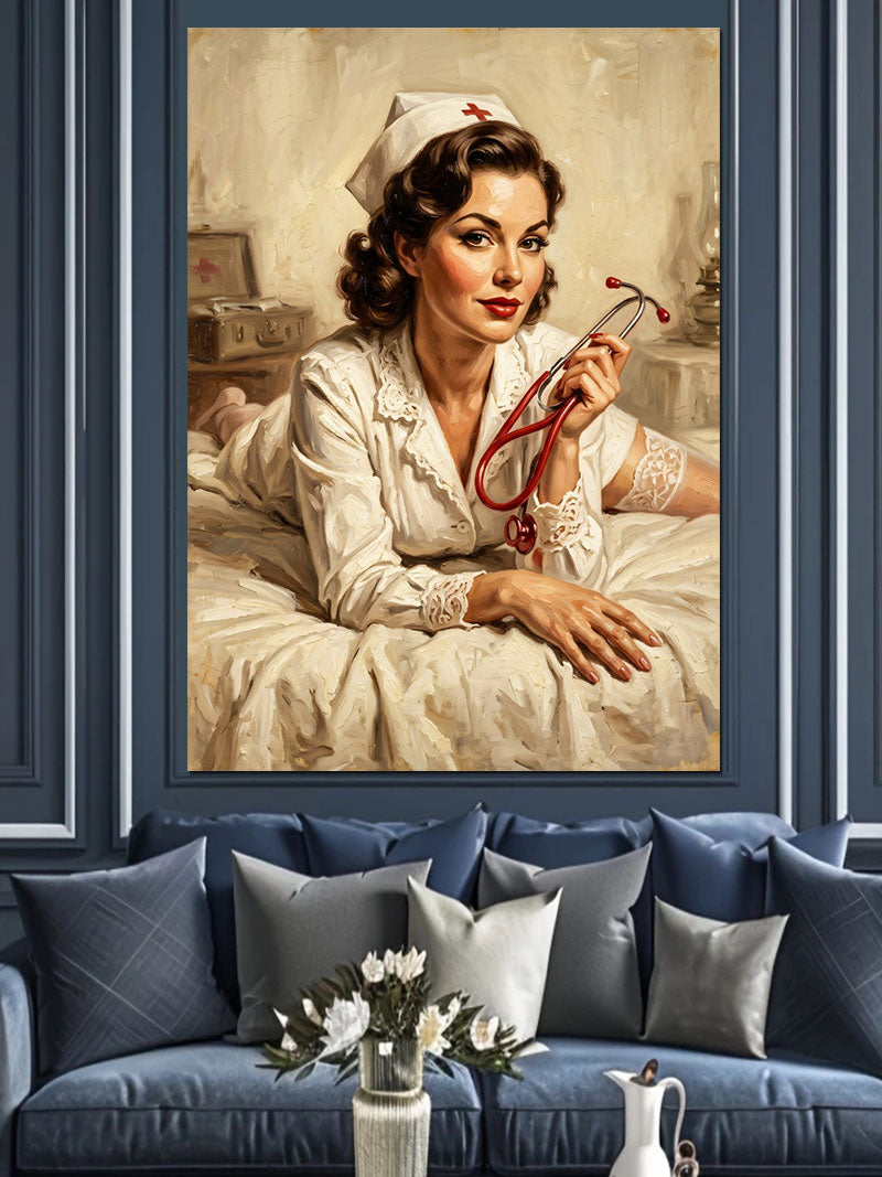 Steteskoplu Hemşire Pin-Up Tablosu Kanvas Tablo
