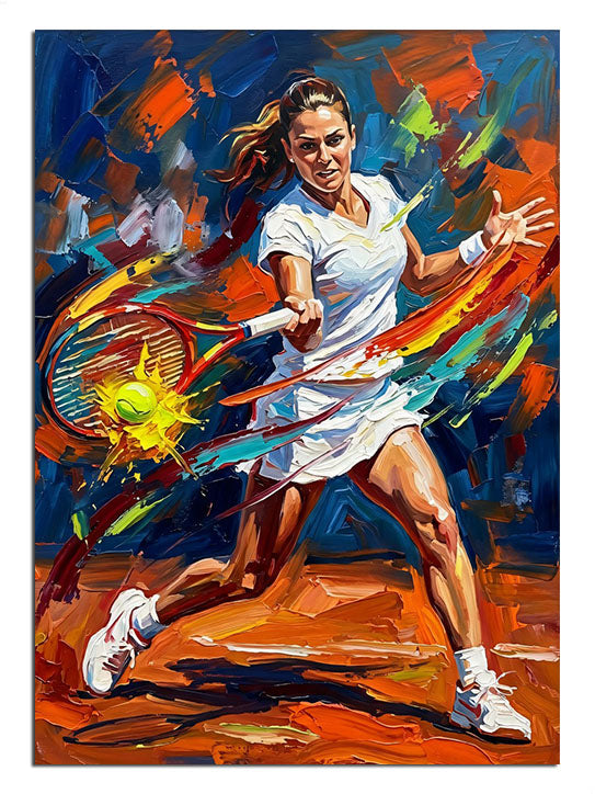 Renkli boya patlamalı tenis oynayan kadın sporcu dinamik tablo.