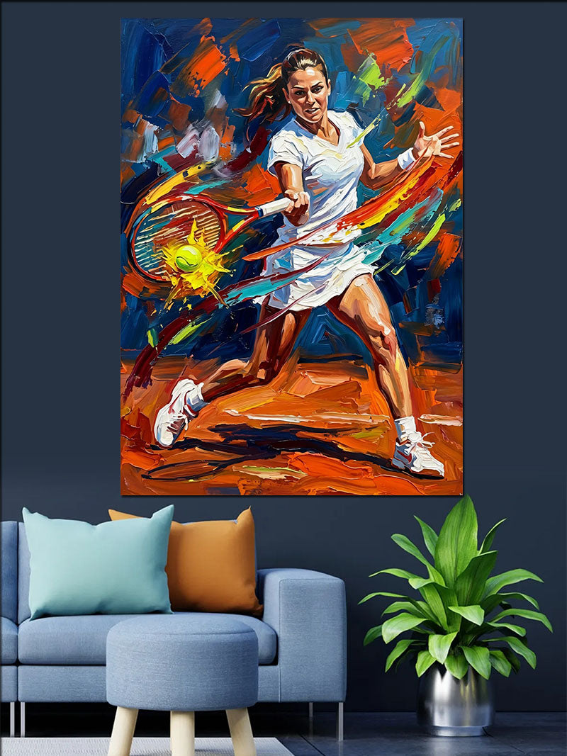 Renkli Tenis Oynayan Kadın Spor Kanvas Tablo