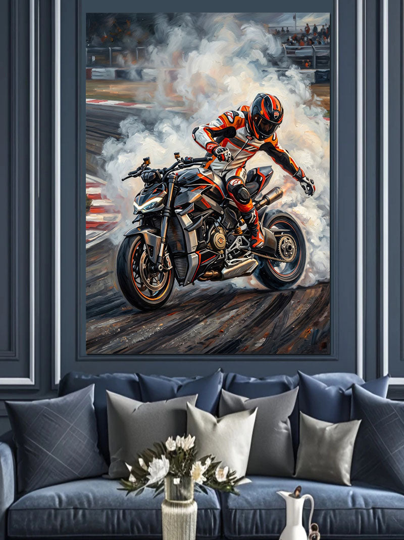 Dumanlı Yarış Motosikleti Drift Tablosu Kanvas Tablo