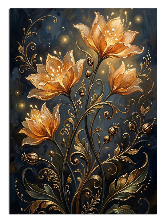 Lacivert gece gökyüzü ve altın ışıklı lotus çiçekleri tablosu.