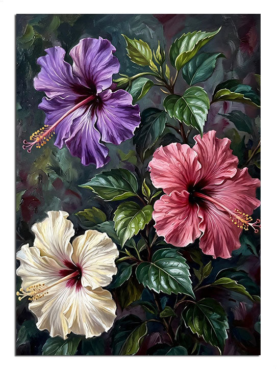 Koyu fonda mor, pembe ve beyaz hibiskus çiçekleri buketi tablosu.