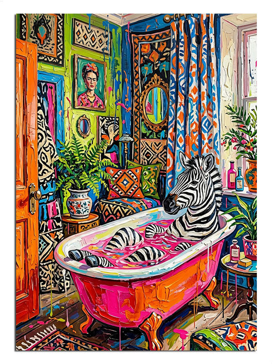 Renkli banyoda pembe küvette uzanan zebra eğlenceli pop art tablo.