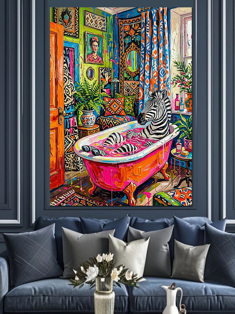 Pembe Küvetli Zebra Banyo Tablosu Kanvas Tablo