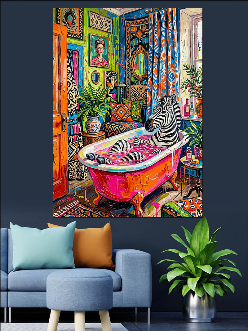 Pembe Küvetli Zebra Banyo Tablosu Kanvas Tablo
