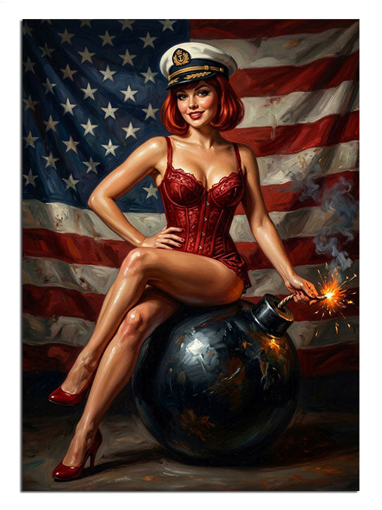 Amerikan bayrağı önünde bomba üzerinde oturan kırmızı mayolu pin-up kız.