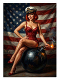 Amerikan bayrağı önünde bomba üzerinde oturan kırmızı mayolu pin-up kız.