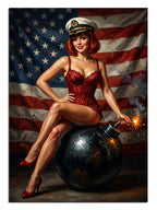 Amerikan bayrağı önünde bomba üzerinde oturan kırmızı mayolu pin-up kız.