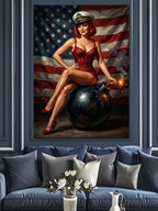 Bomba Üzerinde Amerikan Pin-Up Kız Kanvas Tablo