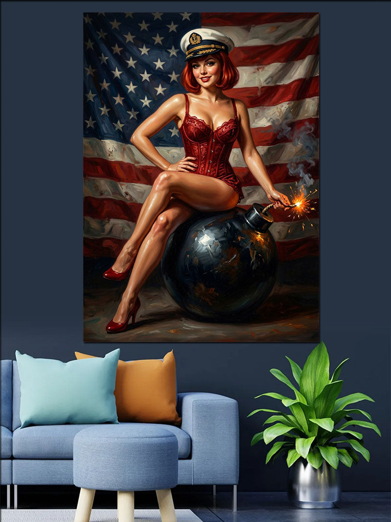 Bomba Üzerinde Amerikan Pin-Up Kız Kanvas Tablo