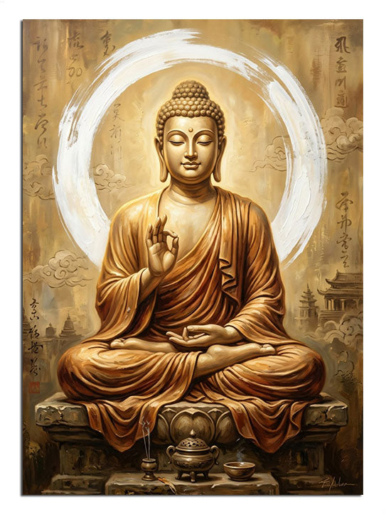 Altın ışık çemberi içinde meditasyon yapan Buda heykeli manevi tablo.