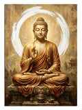 Altın ışık çemberi içinde meditasyon yapan Buda heykeli manevi tablo.