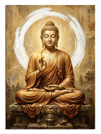 Altın ışık çemberi içinde meditasyon yapan Buda heykeli manevi tablo.