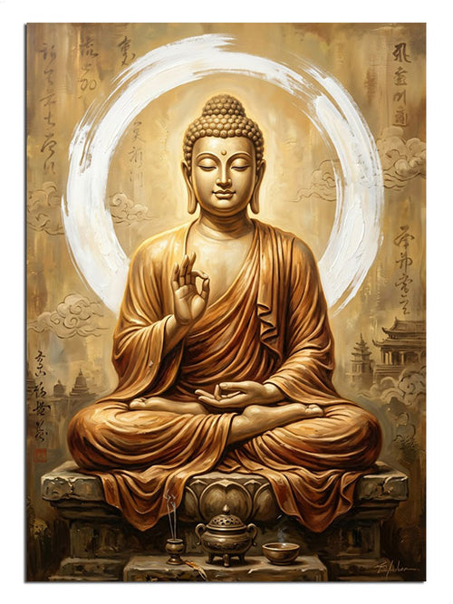 Altın ışık çemberi içinde meditasyon yapan Buda heykeli manevi tablo.