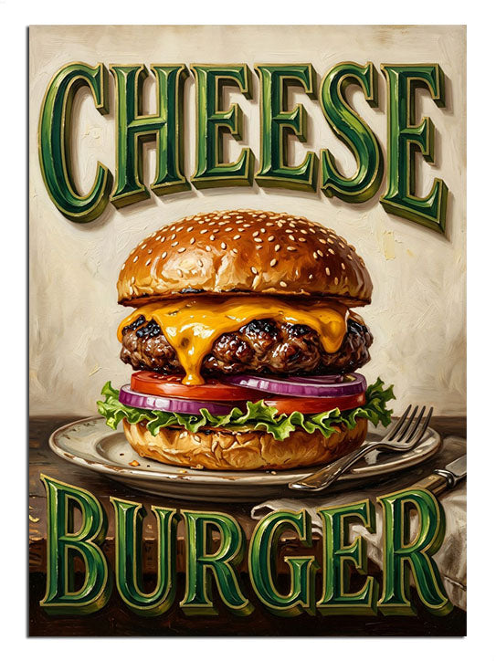 CHEESE BURGER yazılı cheeseburger ile vintage yemek posteri tablosu.