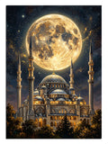 Dolunay altında Ayasofya ve minareleri ile gece cami manzarası tablosu.