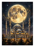 Dolunay altında Ayasofya ve minareleri ile gece cami manzarası tablosu.