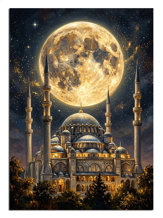 Dolunay altında Ayasofya ve minareleri ile gece cami manzarası tablosu.