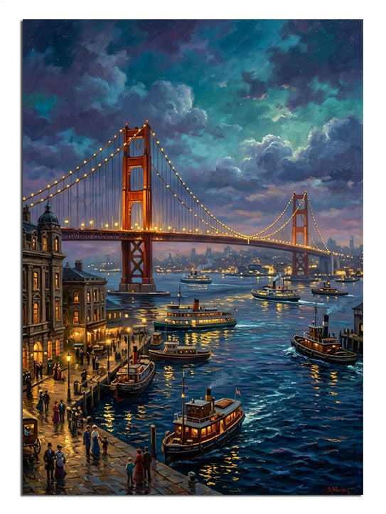 Gece ışıklı Golden Gate Köprüsü ve liman manzarası tablosu.