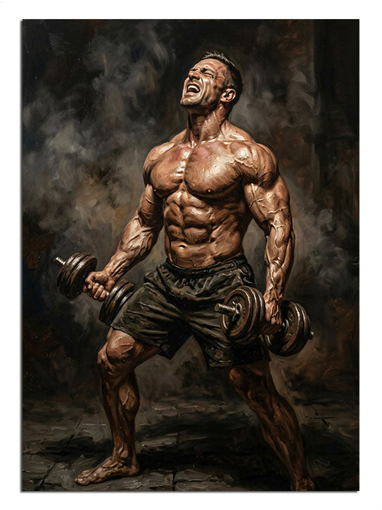 Dambıl tutan kaslı bodybuilder erkek karanlık spor posteri.