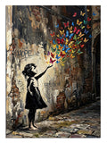 Kelebekler uçuran duvarda kız silüeti Banksy tarzı sokak sanatı tablosu.