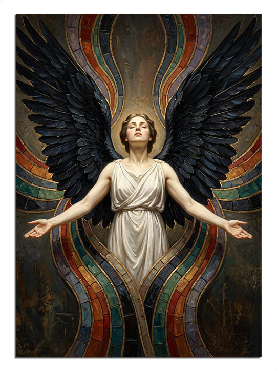 Siyah kanatlı beyaz elbiseli melek kadın gökyüzü tablosu.
