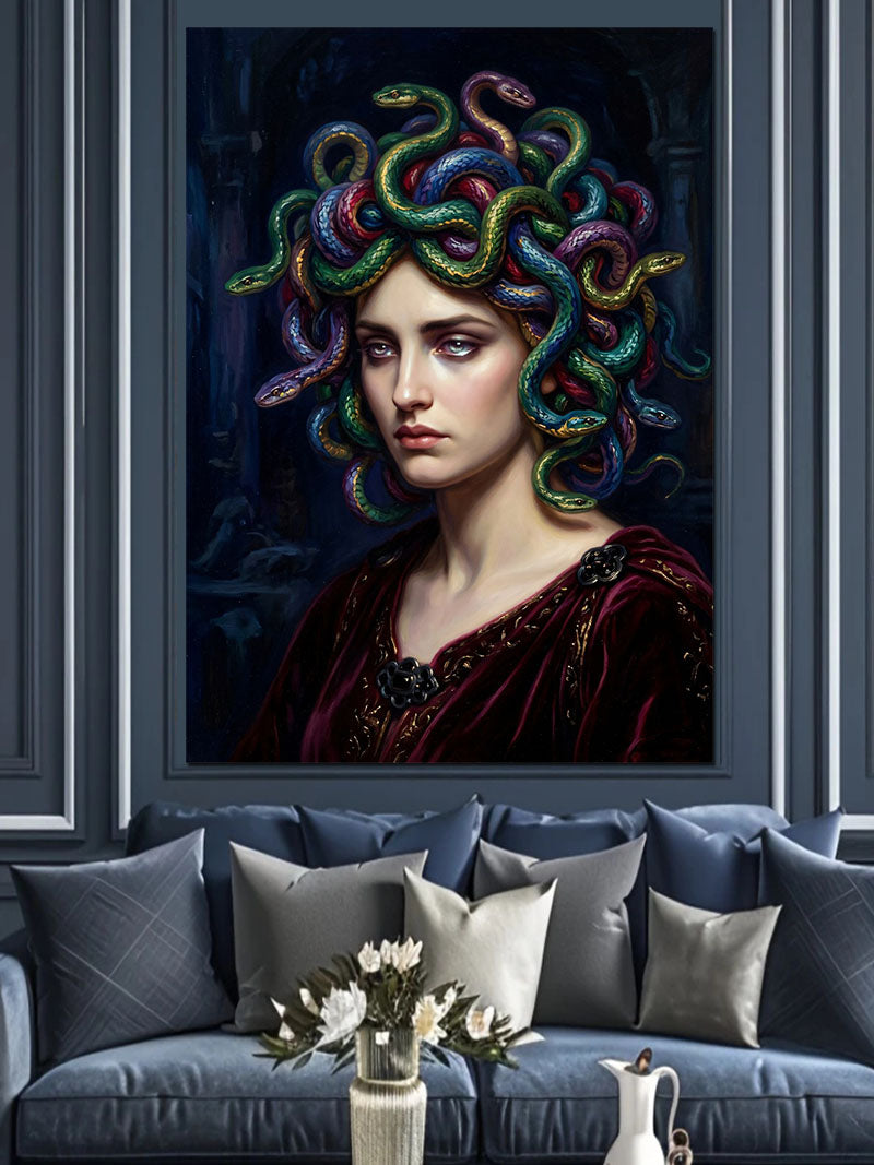 Renkli Yılanlı Medusa Kadın Portresi Kanvas Tablo