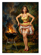 Mangalda barbekü yapan sarı elbiseli pin-up kız yaz tablosu.