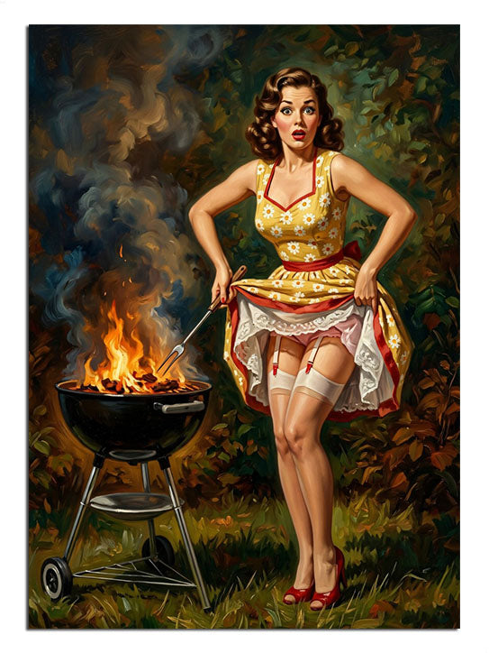 Mangalda barbekü yapan sarı elbiseli pin-up kız yaz tablosu.