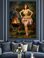 Mangalda Barbekü Yapan Pin-Up Kız Kanvas Tablo
