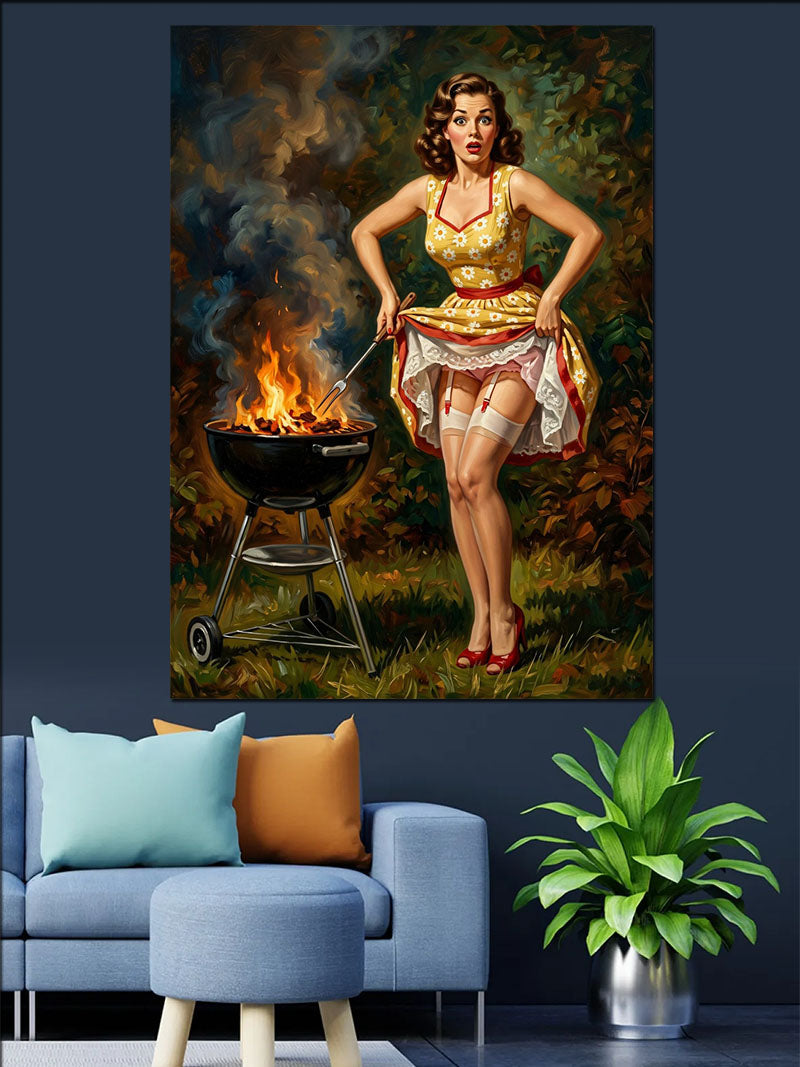 Mangalda Barbekü Yapan Pin-Up Kız Kanvas Tablo