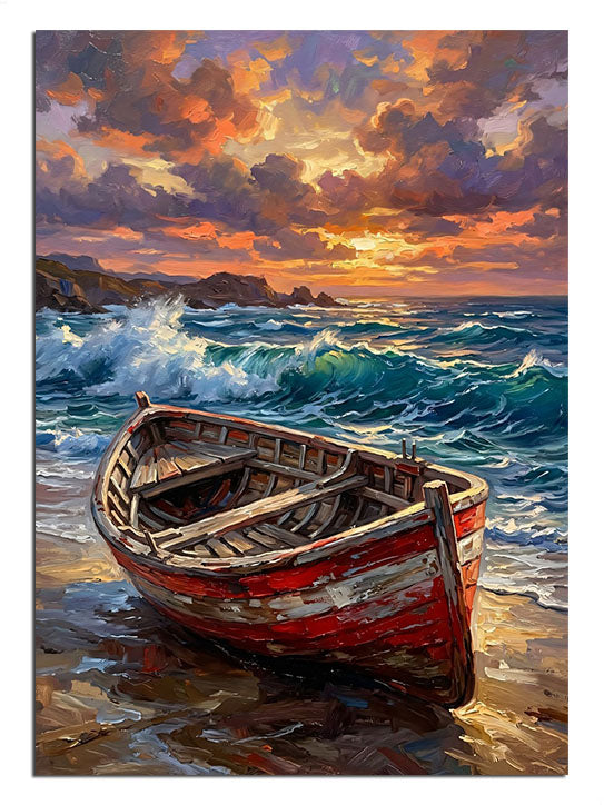Dalgalı deniz ve gün batımında sahilde kırmızı kayık manzarası.