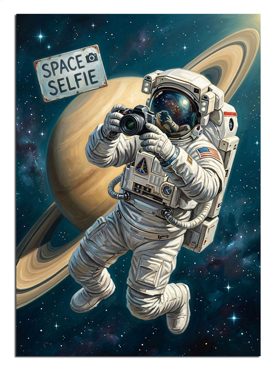 Satürn ve uzayda selfie çeken astronot eğlenceli uzay tablosu.