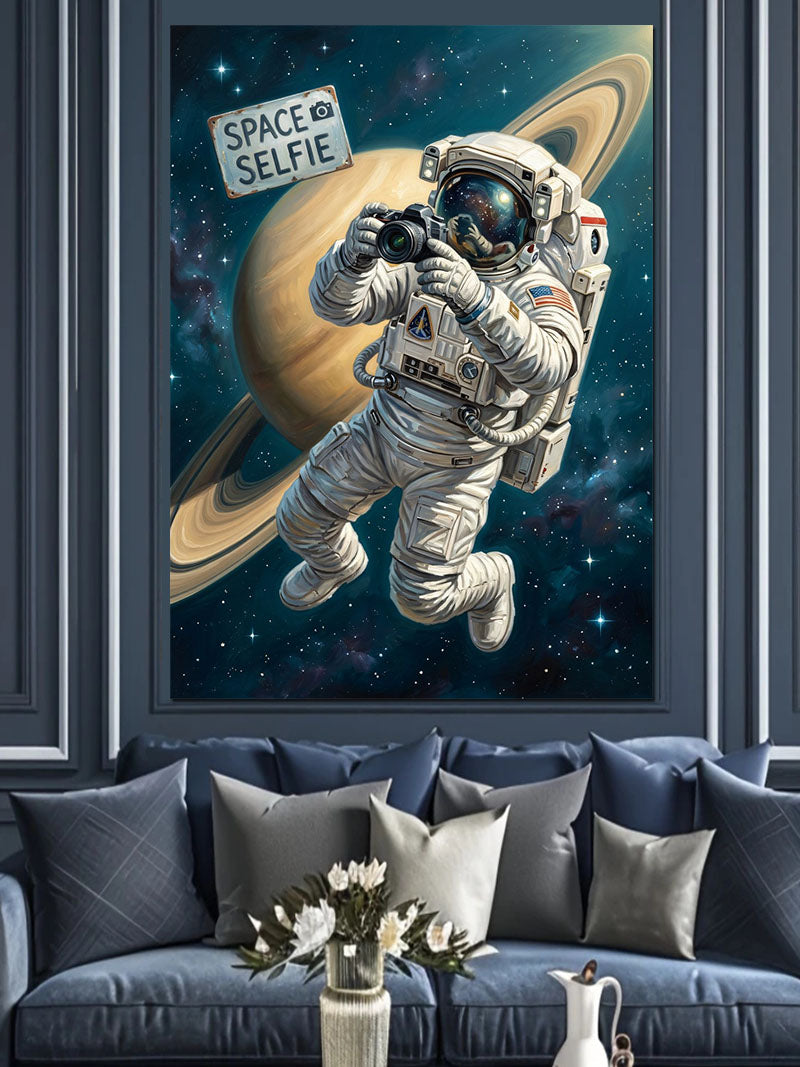 Space Selfie Astronot ve Satürn Kanvas Tablo