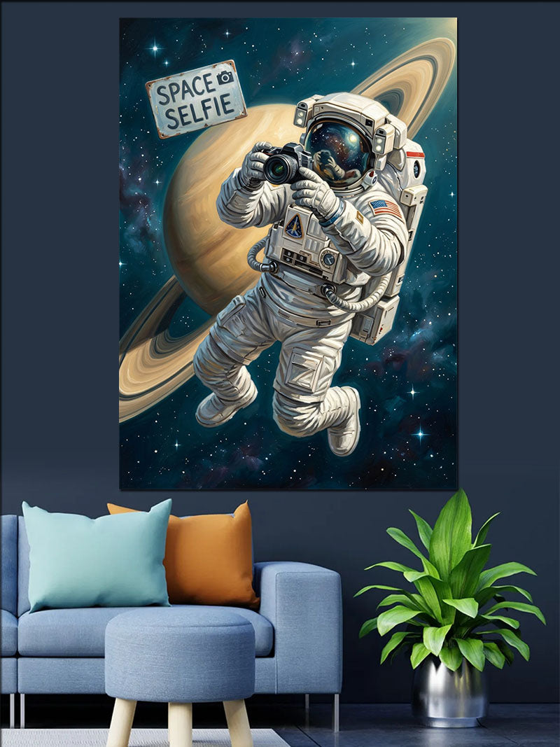 Space Selfie Astronot ve Satürn Kanvas Tablo