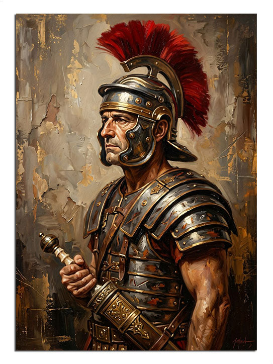 Kırmızı sorguçlu miğferi ve zırhı ile Roma askeri portresi.