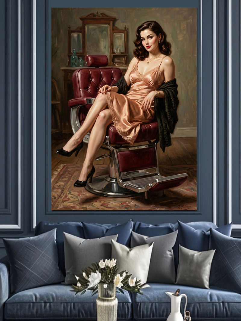 Berber Koltuğunda Pin-Up Kadın Kanvas Tablo