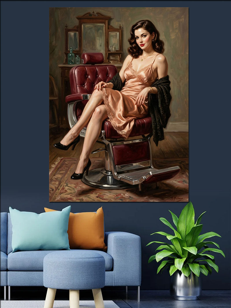 Berber Koltuğunda Pin-Up Kadın Kanvas Tablo