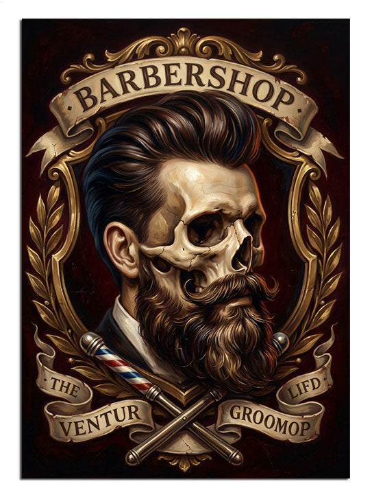 BARBERSHOP yazılı sakallı kuru kafa berber tabelası vintage tablo.
