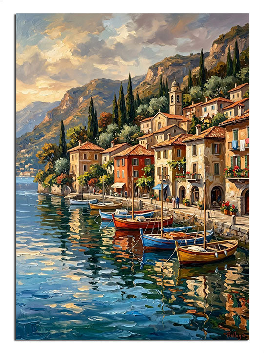 Göl kenarında renkli evler ve tekneler ile köy manzarası.
