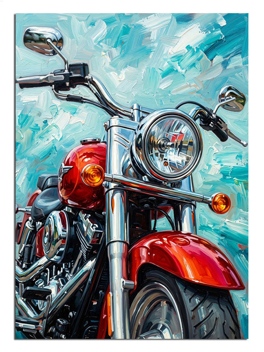 Turkuaz fonda kırmızı klasik motosiklet pop art tablosu.