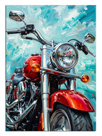Turkuaz fonda kırmızı klasik motosiklet pop art tablosu.