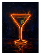 Karanlık fonda neon turuncu martini kadehi bar tablosu.